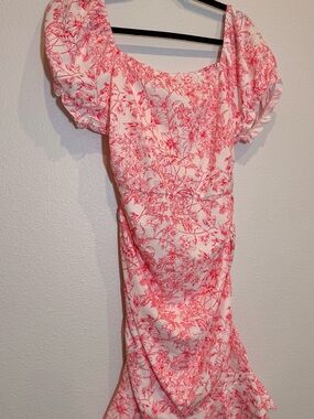 Pink Floral Puff-Sleeve Midi Dress